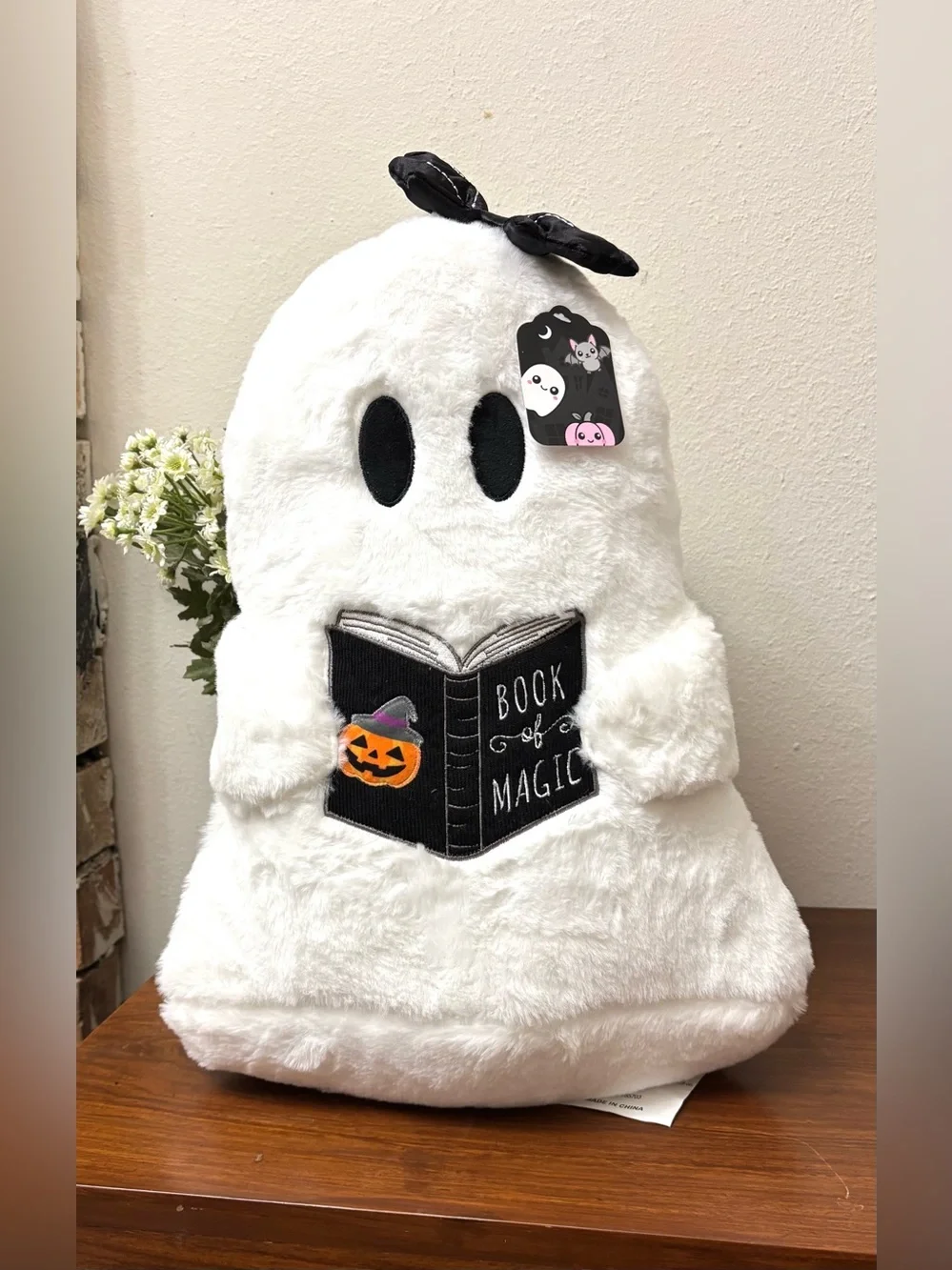 HALLOWEEN GHOST PILLOW BABY GIRL READING BOOK OF MAGIC LG 17X11 COQUETTE GOTHIC